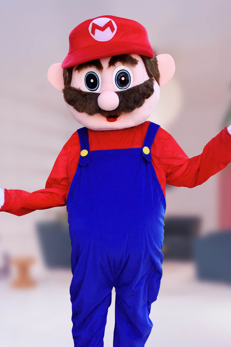 Mario mascot character posing at gaming birthday party in Orange County
